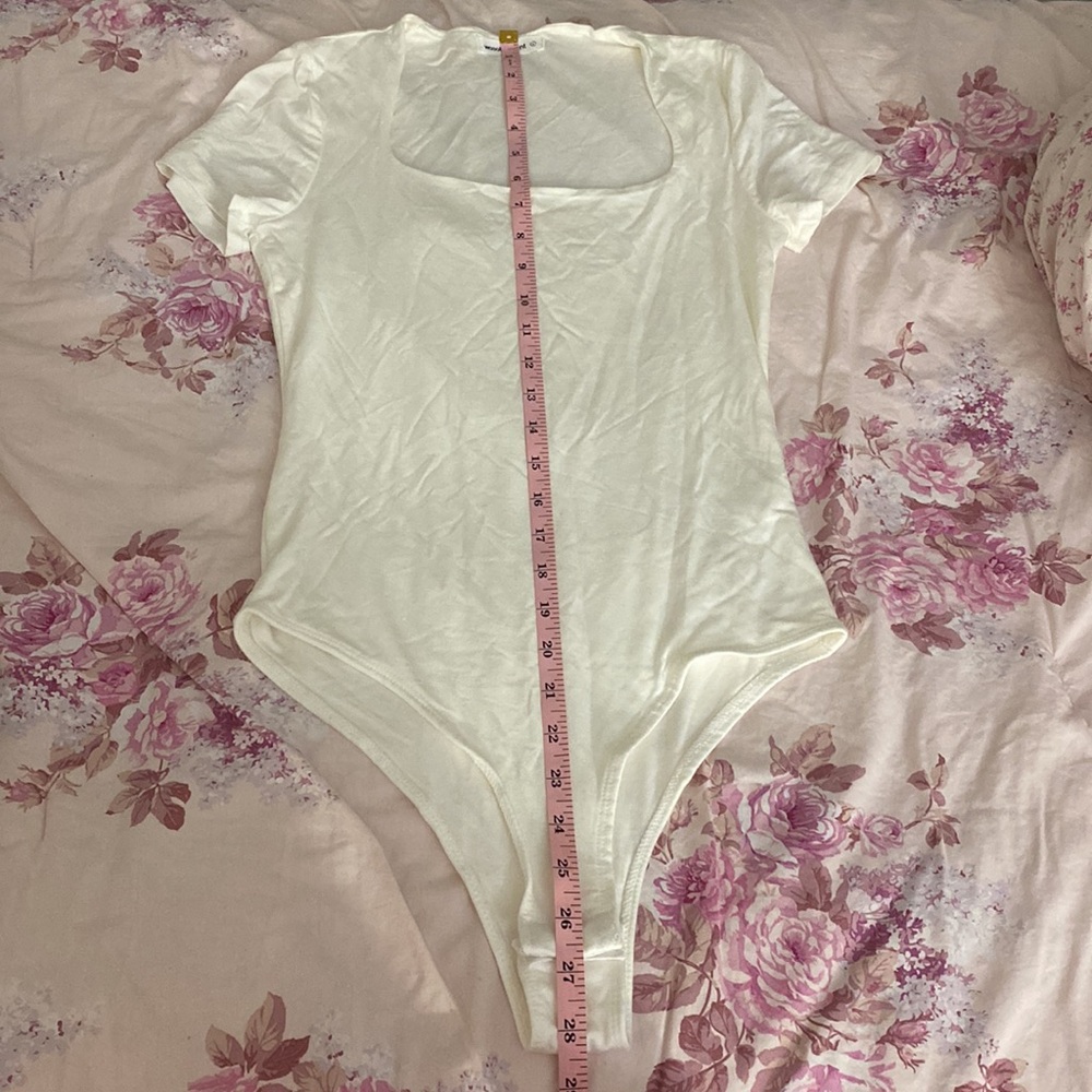 Women’s Ivory Double Layered Square Neck Short Sleeve Bodysuit - Picture 3 of 6